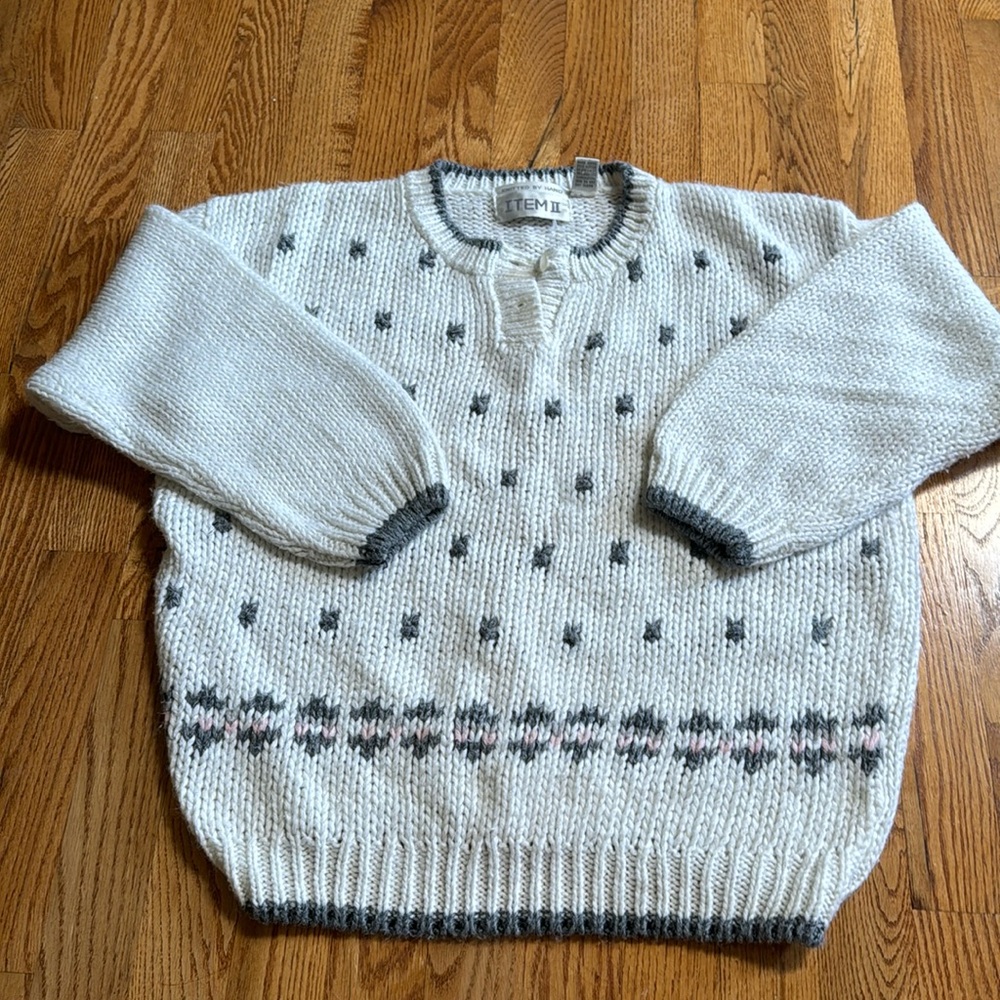 Cream Crewneck Sweater with Gray & Pink Accents